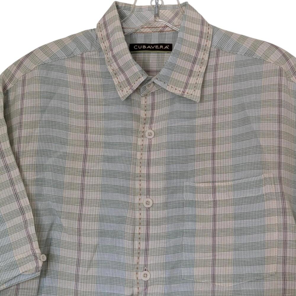 Cubavera Shirt Mens Medium Green Plaid Linen Rayon Short Sleeve Button Up Beach‎